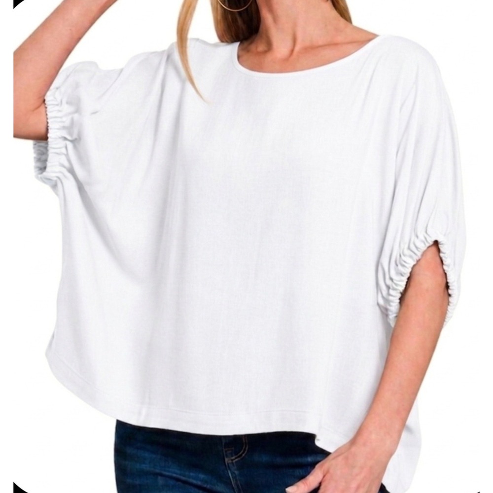 Zenana Woven Oversized Boxy Top Off White Ruched Dolman Sleeve Blouse Womens Med